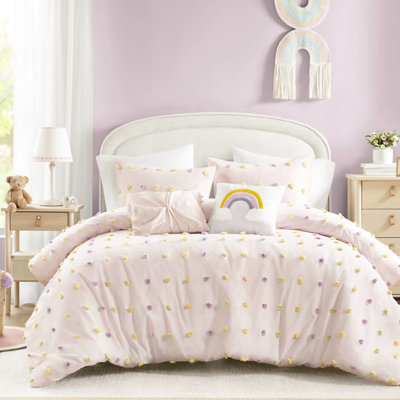 Édredon pour lit double / grand 5 pièces, coton, rembourrage, coussins décoratifs froncés avec motif et lavable à la machine, comprend un édredon et des taies décoratives brodées arc-en-ciel