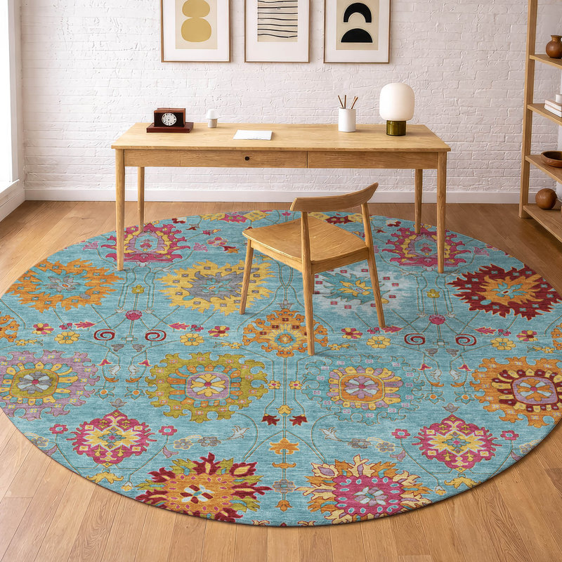 Tapis damassé de qualité supérieure Mayfield AMF2288, Bleu sarcelle, Rond 8 pi