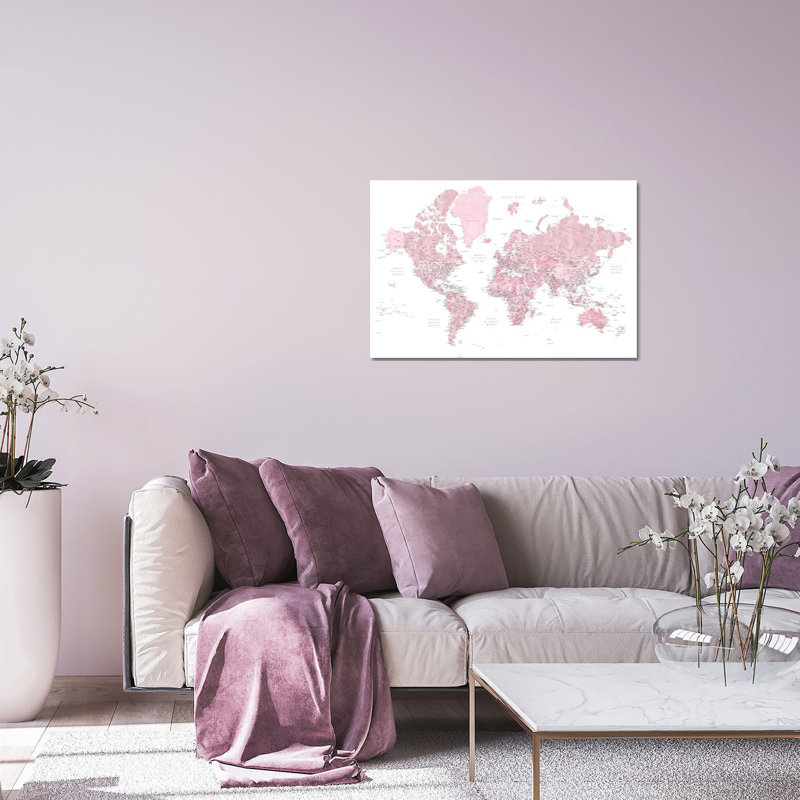 Carte du monde détaillée avec aquarelle rose «Melit» par Blursbyai - impression sans cadre, H 16 po x l 24 po x P 0,25 po