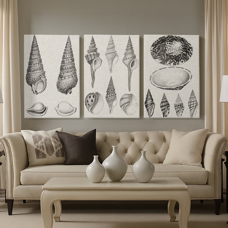 Charbon de bois et toile de lin I - Toile tendue sur mesure avec châssis - 3 pièces, H 48 po x l 96 po