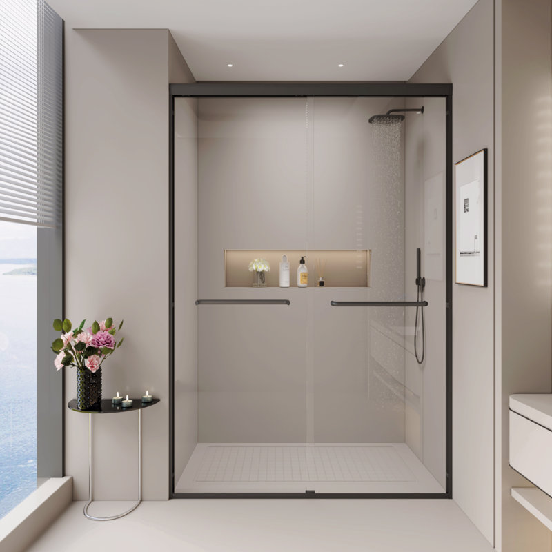 Double Sliding Shower Door, Semi-Frameless Bypass Bathroom Sliding Door With 1/4" (6Mm) Tempered Glass, Matte Black