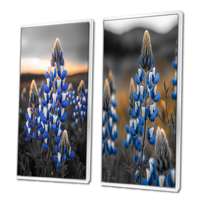 «Blue Bonnets Texas Twilight I», ensemble de 2 bonnets bleus, H 40 po x l 40 po, Cadre flottant blanc