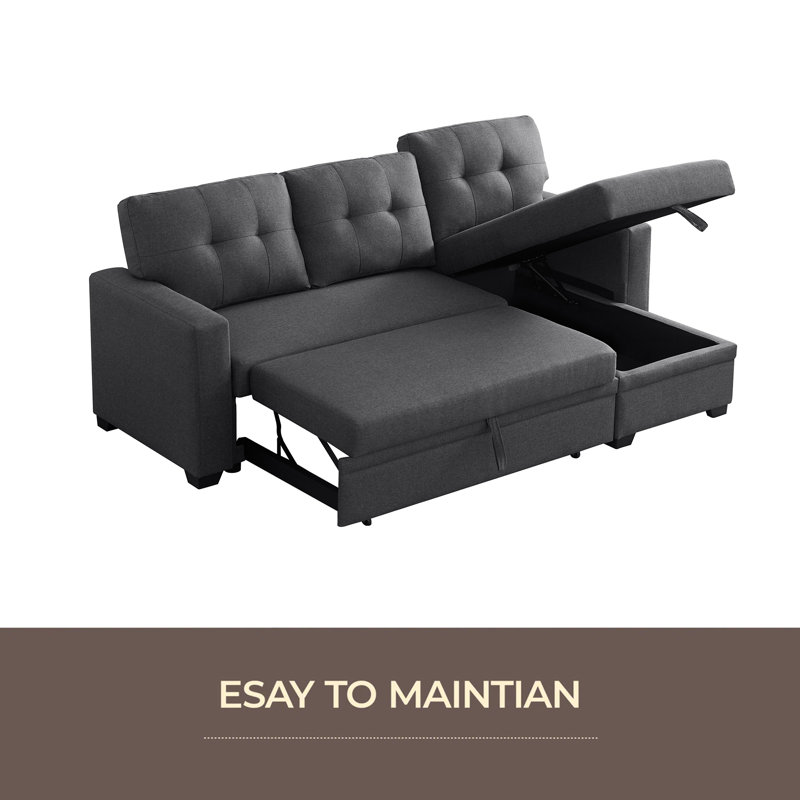 Upholstered Pull Out Sectional Sofa With Chaise, Dark Gray Linen