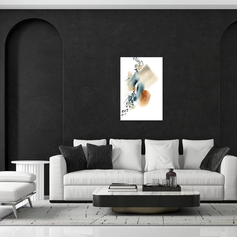 Abstrait en bleu et terre cuite I, impression sur verre acrylique, H 24 po x l 16 po x P 0,25 po