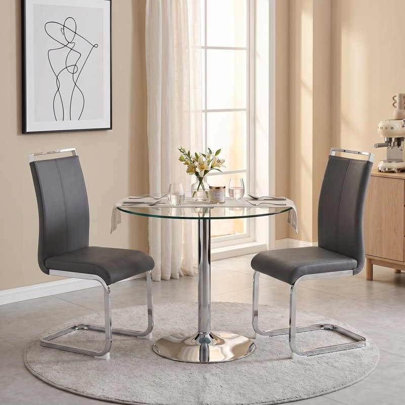 Amari 3-Piece Modern Round Tempered Glass Dining Set with Metal Pedestal and Cantilever Chairs, Dark Gray, Silver