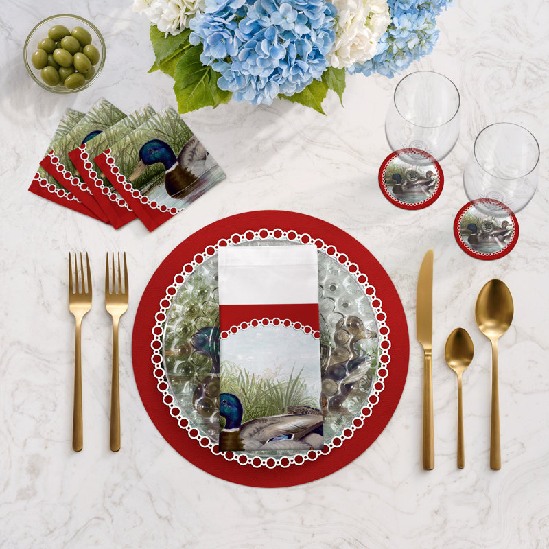  English Duck Pond Vegan Leather Round Pebble Placemat, Red