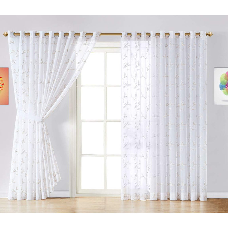 Pair Of Extra Large Sheer Room Divider Curtains With Leaf Embroidery, Gold