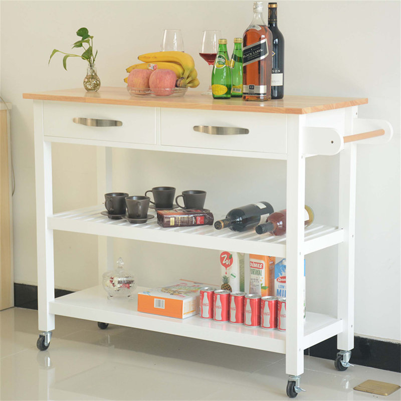 Durable Rubber Wood Top Kitchen Island & Cart, Mobile With Lockable Wheels, Two Drawers For Special Utensil Storage