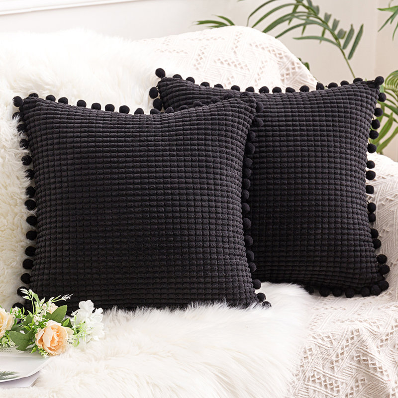 Pom-poms Cotton Blend Reversible Pillow Cover, Black, 18" x 18"