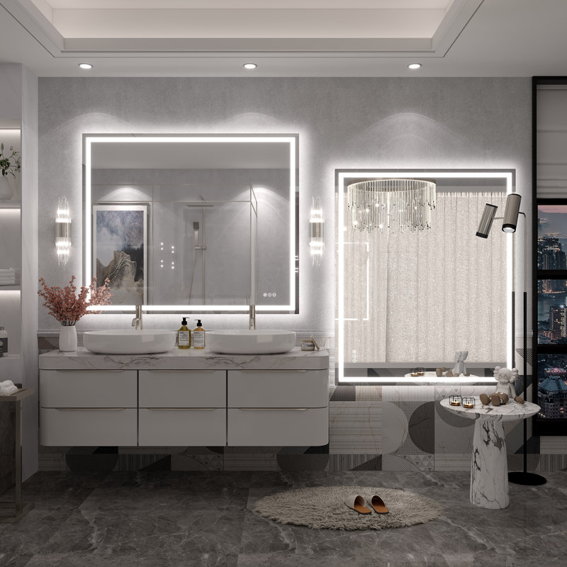 Molly Framelss or Framed LED Anti-Fog Tempered Glass Wall Bathroom Vanity Mirror - UL Certified, 48" x 40", Clear