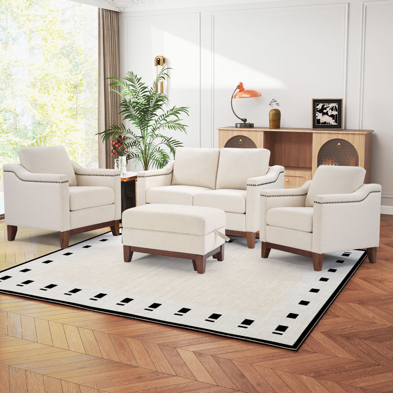 Ensemble de canapé à garniture cloutée 4 pièces avec repose-pieds multifonctionnel Edgell, Blanc