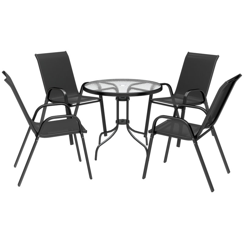 5 Piece Black Metal Garden Dining Set with Round Tempered Glass Top Table and 4 Stackable Mesh Chairs