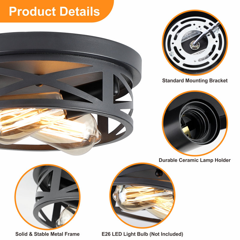 10.8 In. Farmhouse Black Flush Mount Ceiling Light Fixture with 2 Turnable Light Cap (2-Pack), 2