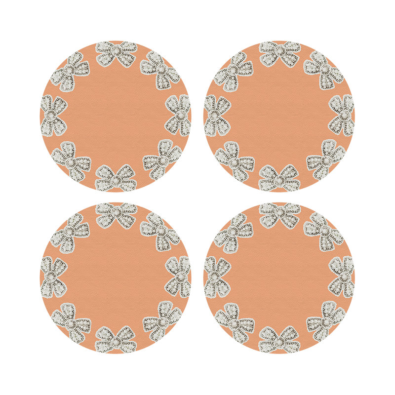 Pearl Bow Vegan Leather Round Pebble Placemat, Peach