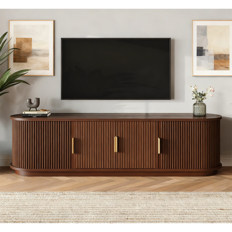 Farmhouse Wooden TV Stand with Sliding Tambour Door, Walnut