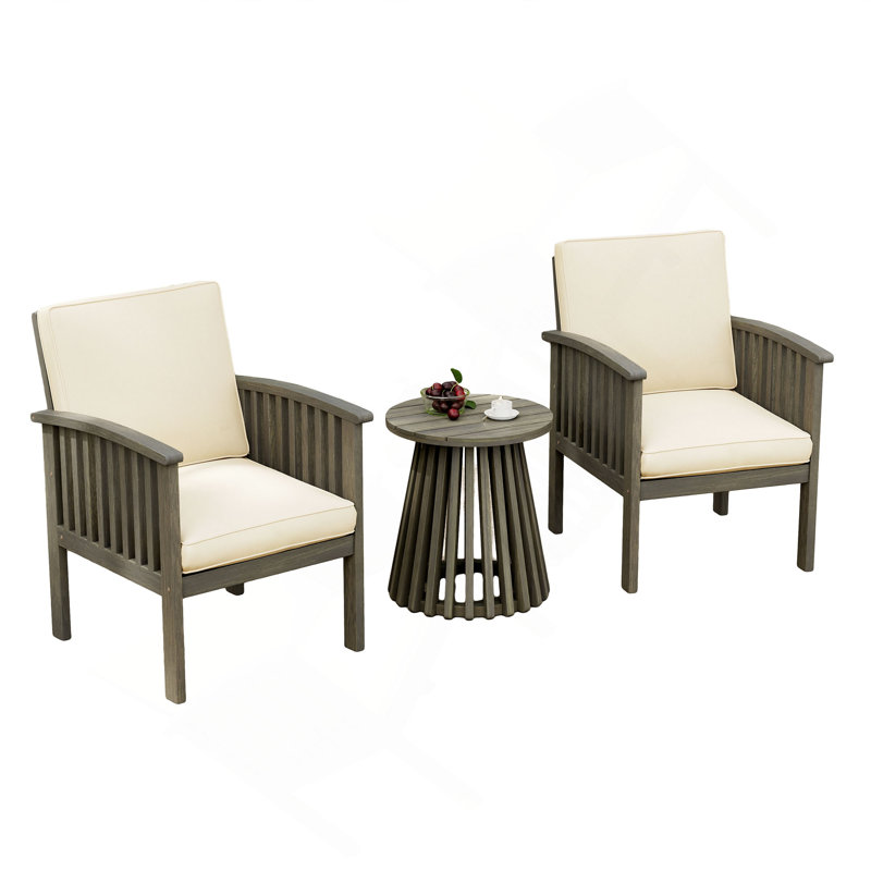 Ensemble de patio Ensemble de meubles d'extérieur en bois d'acacia - Ensemble de conversation moderne avec fauteuil et table de bout pliable pour le jardin, le patio et la terrasse (finition grise + crème)