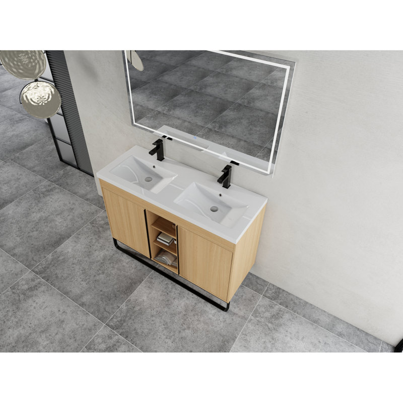 Meuble-lavabo autoportant 48 po avec lavabo double en résine et tablettes réglables