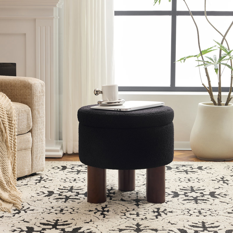 Joddie 18.9" Round Boucle Upholstered Storage Ottoman, Black