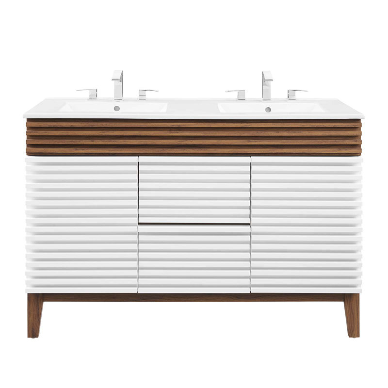 Modway Render 48" Double Sink Bathroom Vanity, White/Walnut