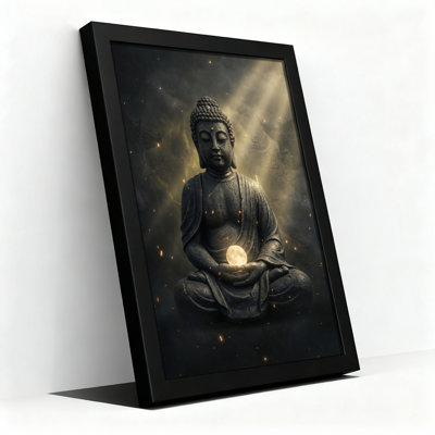 Toile noire encadrée en bois noir pour salon, chambre à coucher, bureau ou vestibule - décoration murale décorative avec lumière de Bouddha