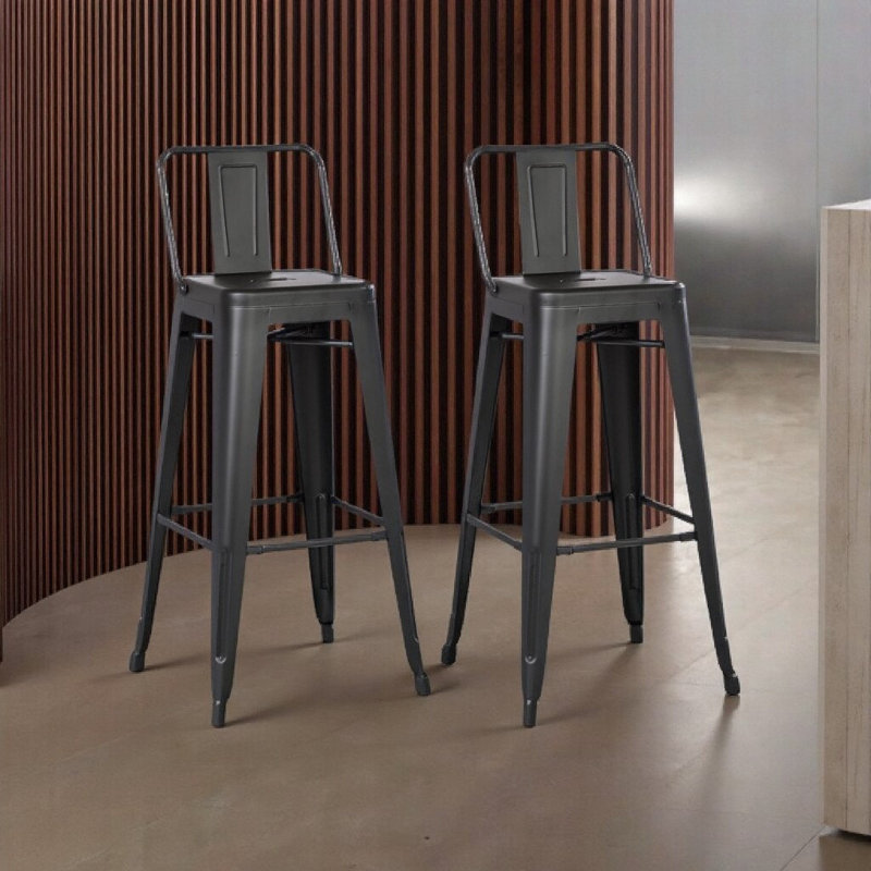 Modern Lightweight Industrial Metal Bar Stools Set of 2 - Rustic Coastal Design with Bucket Back, 30" Seat Height, Matte Black Finish