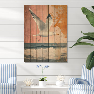 Coastal Seagull Golden Rose Sunset Elegance I - Art mural en bois de mouette - sur bois de pin naturel