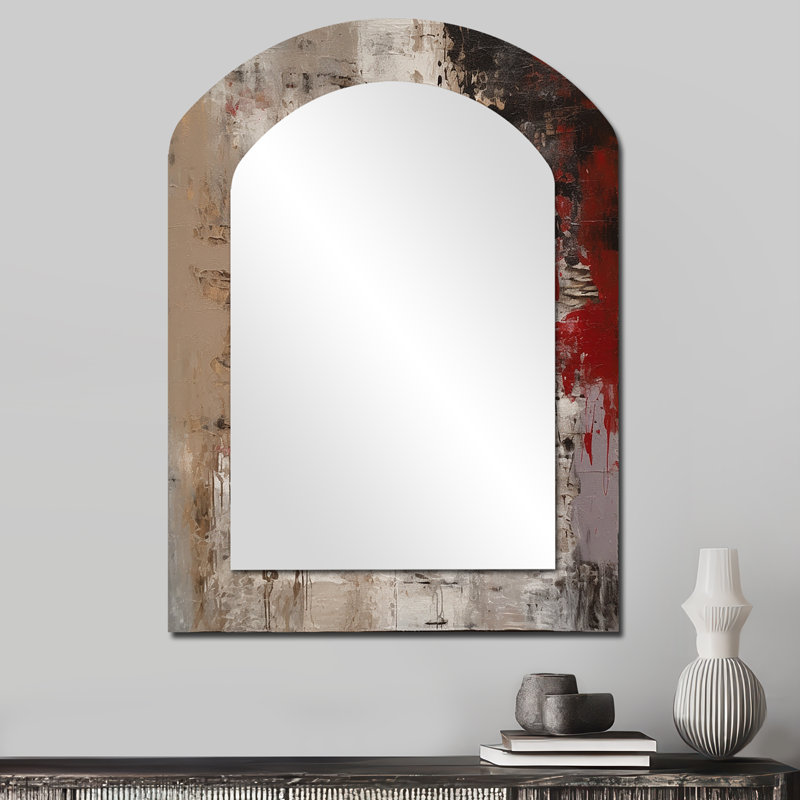 Fading Passion abstrait en rétro beige et rouge I - grand miroir arqué avec peinture abstraite, miroir mural décoratif asymétrique moderne, impression sur métal