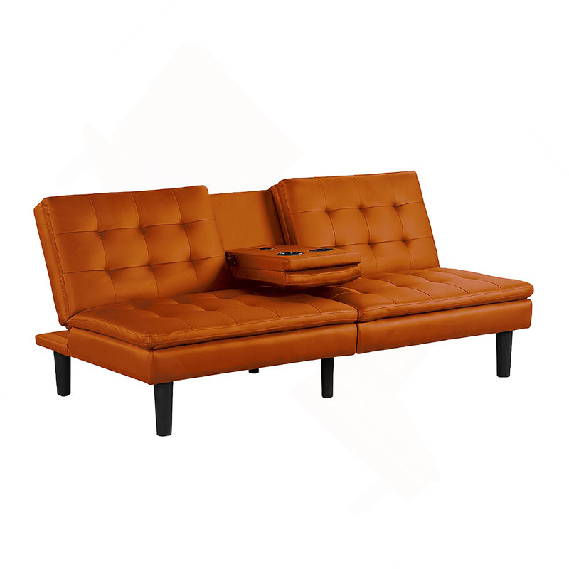 Contemporary Style Futon Sofa Bed With USB Chargers, Biscuit Tufting, And Drop-Down Table For Comfort And Convenience, Orange