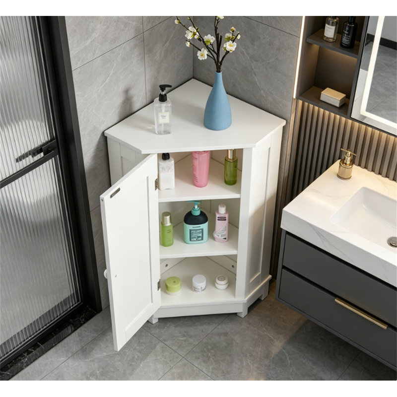 Bathroom Cabinet Triangle Corner Storage Cabinet with Adjustable Shelf Modern Style MDF Board 