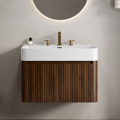 Meuble-lavabo de 30 po avec lavabo LORAN, lavabo intégré à surface solide blanc brillant, 3 trous de robinet, grain de bois noyer