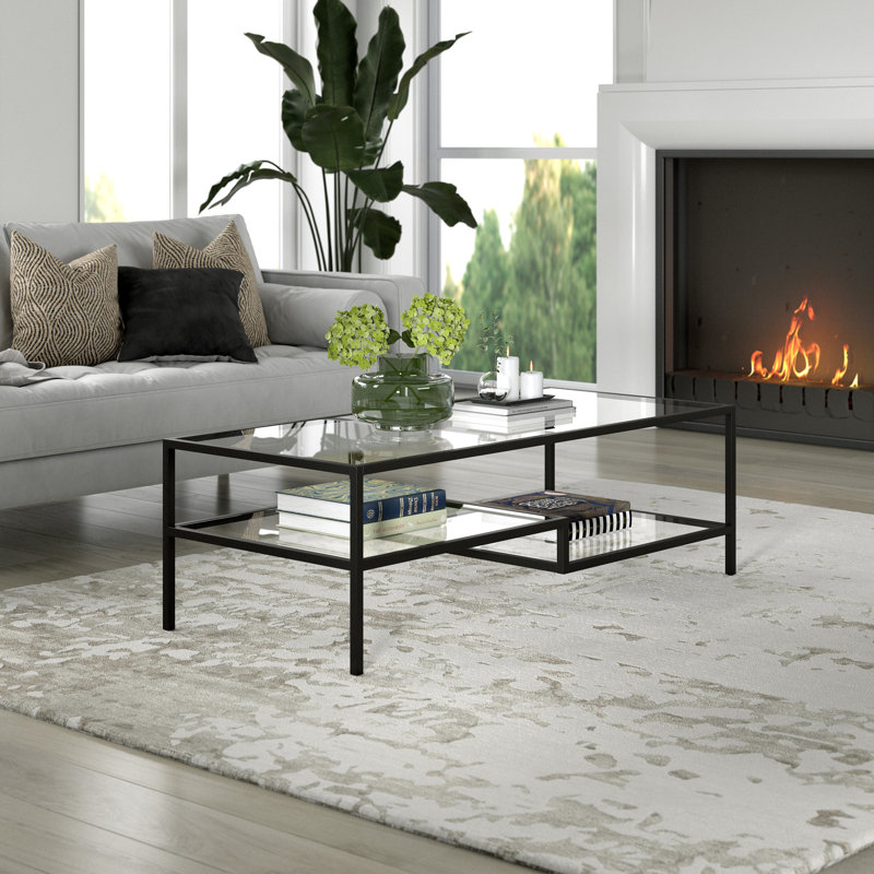 Four Leg Coffee Table with Storage, Brass, 43 cm H x 137 cm W x 61 cm D