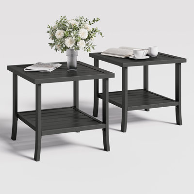  Table basse en métal à 2 niveaux pour l'extérieur, table d'appoint carrée de 19 po pour de nombreuses occasions, table basse d'extérieur résistante aux intempéries (ensemble de 2)