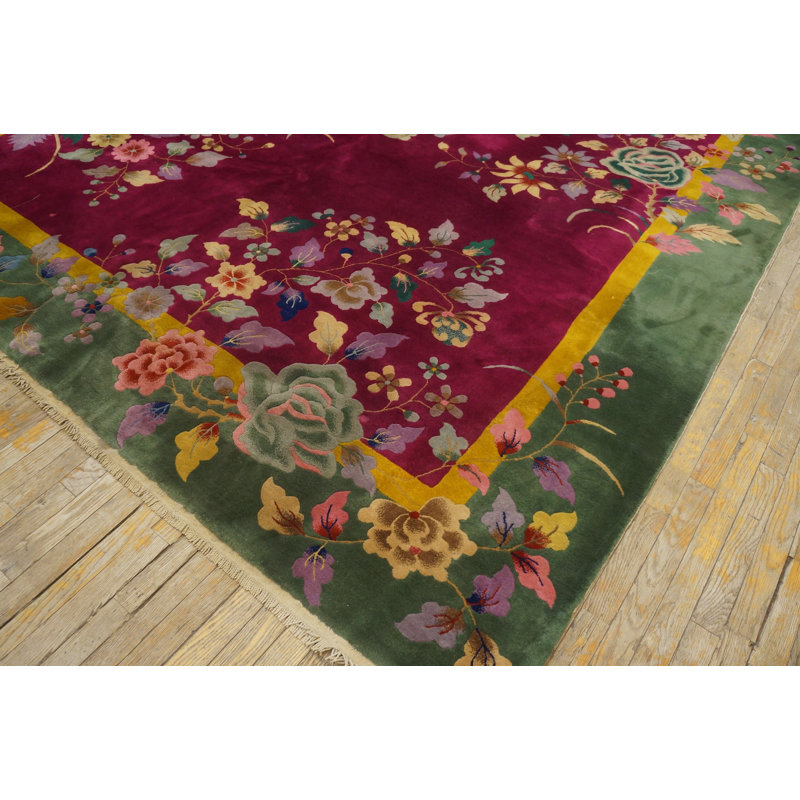Antique Art Deco Chinese Floral Green, Red 1920s Rug