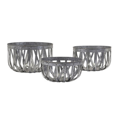Decorative Accent Storage Baskets Set Of 3, Intricate Gray Open Iron