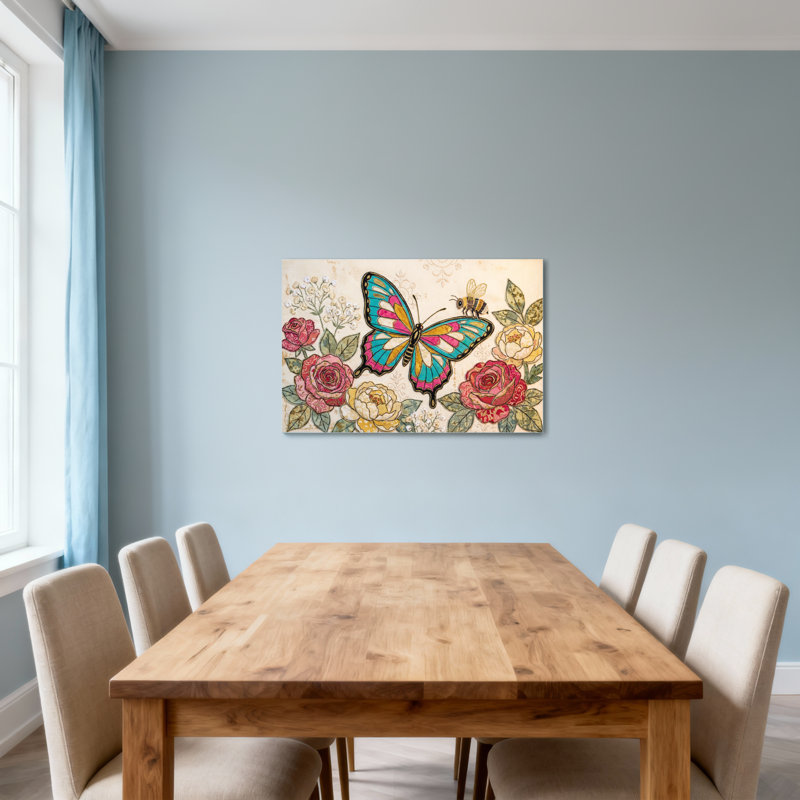 Animaux, papillon, roses, abeille, fleurs, reproduction d'art rétro, H 28 po x l 40 po