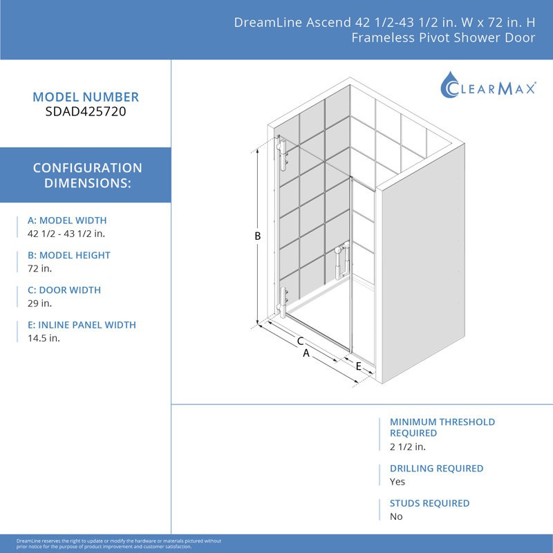 DreamLine Ascend 42 1/2 - 43 1/2 inch W x 72 inch H Frameless Pivot Shower Door in Brushed Nickel, 43.5", Brushed Nickel