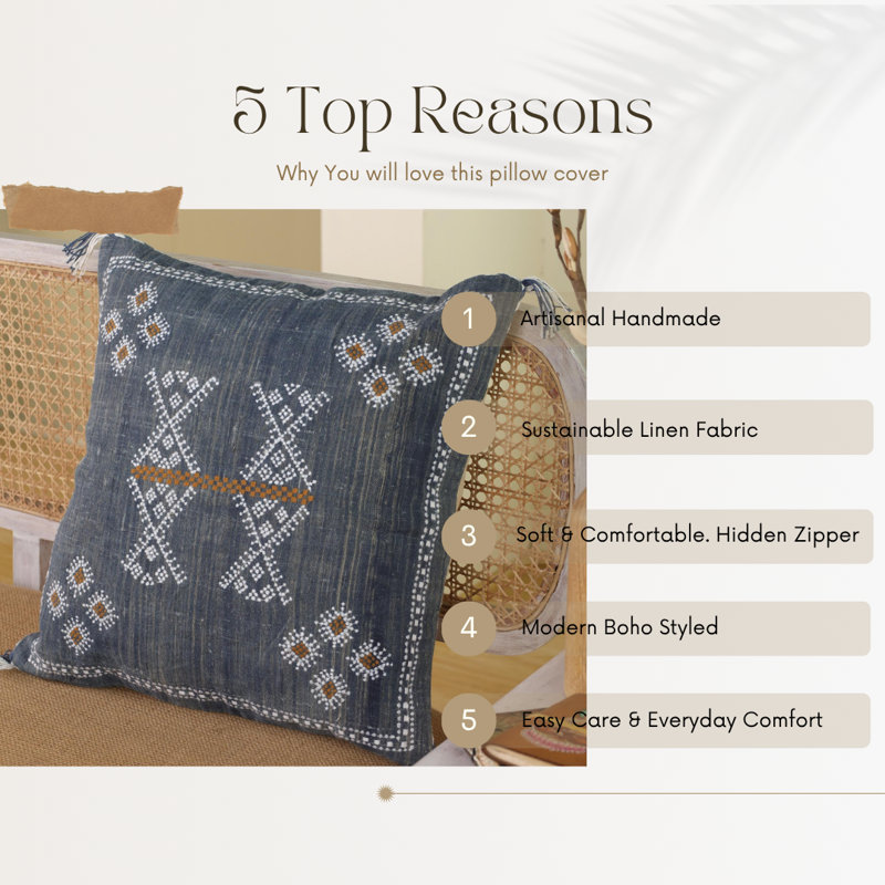 Blue Embroidered Boho Throw Pillow Cover 20X20"