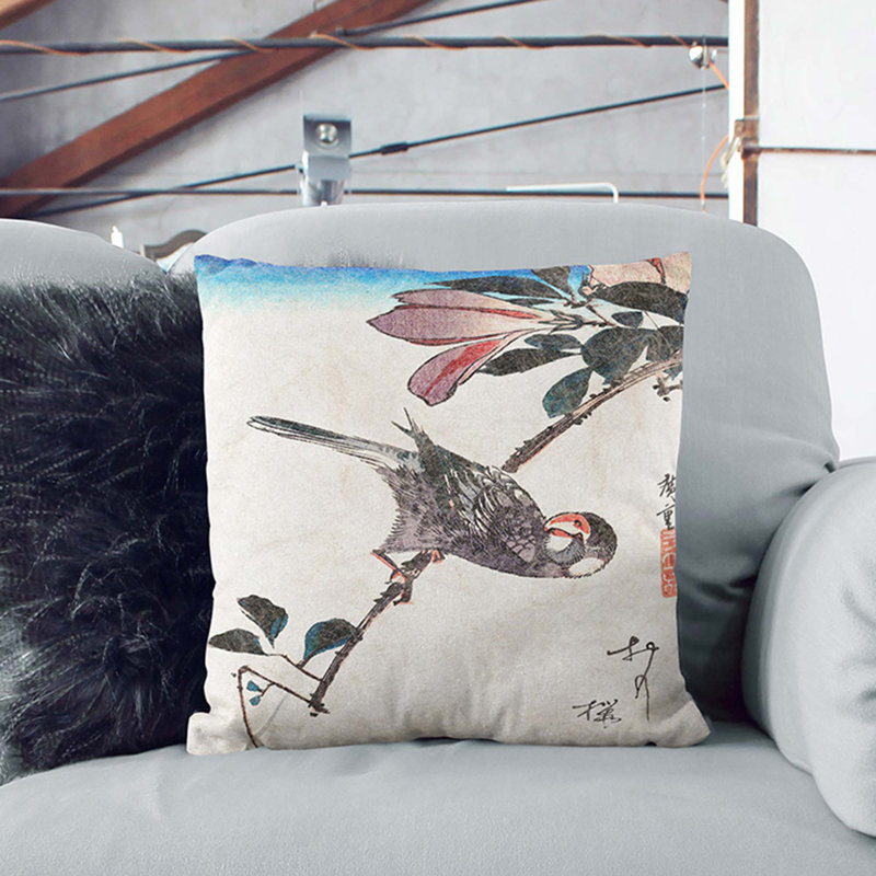 Bird And Magnolia Flowers Square Throw Cushion, 40 x 40 cm, Black