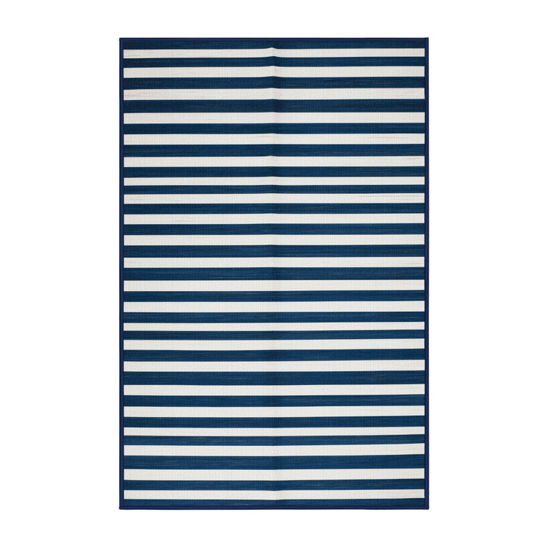 Tapis bleu à rayures horizontales lavable à la machine, Rectangulaire 2 pi x 3 pi
