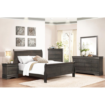Grand lit pour chambre à coucher, style traditionnel avec finition gris teinté, rails de chambre à coucher