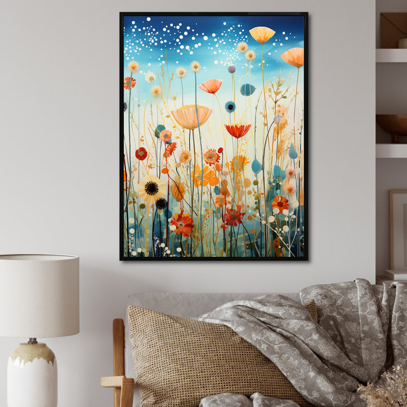 Plants Field Pointillism Dot II - impressions murales florales, H 32 po x l 16 po x P 1 po, Cadre flottant noir