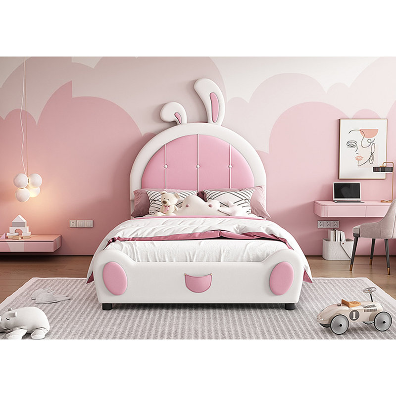 Lit plateforme tapissier avec tête de lit en forme de lapin