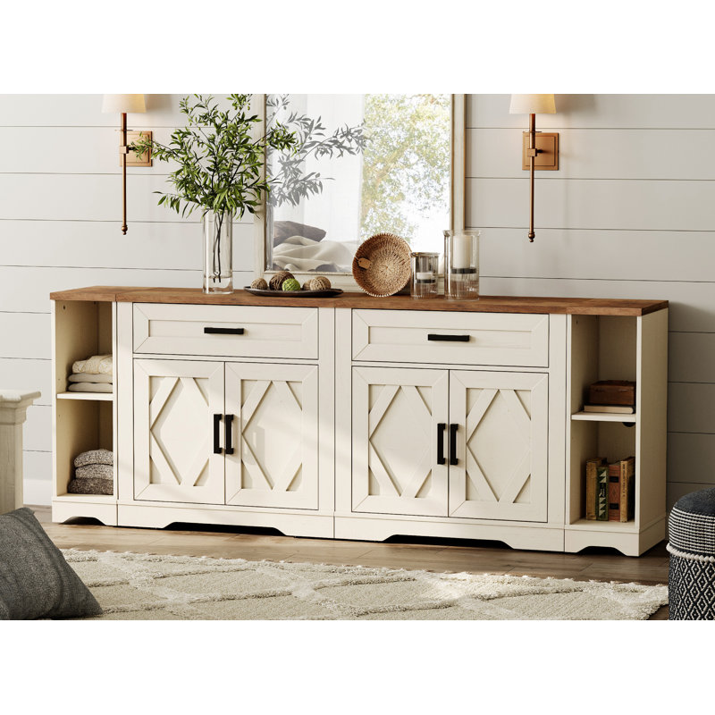 Glenford 82.7"W Large Modern Farmhouse Office Storage Cabinet With Barn Doors & Drawers, Scratch-Resistant Tree Bark Finish