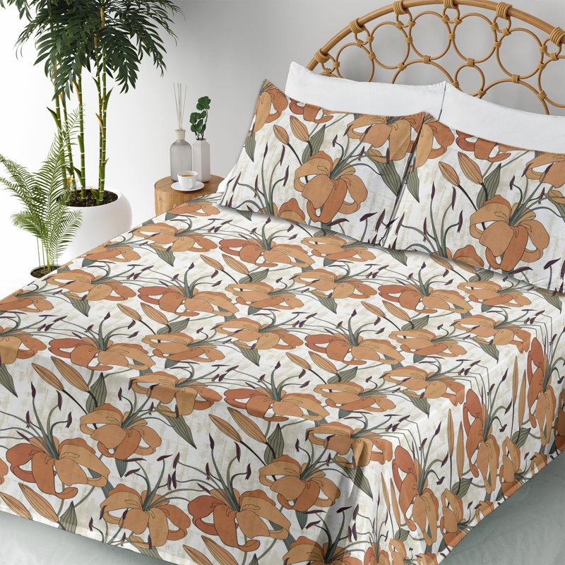 Ambesonne Watercolor Botany Sheet Set 4 Pcs Retro Boho Bloom, Dark Salmon Peacock Green Floral