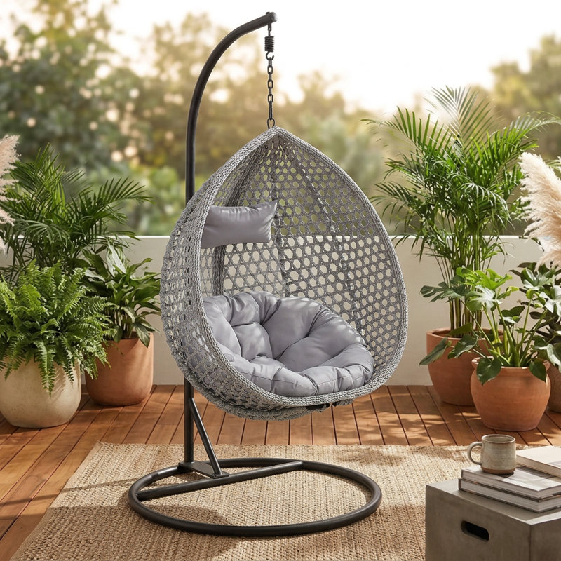 Fauteuil à œufs en osier avec support en C et support en C Chaviano Modern, Foncé foncé