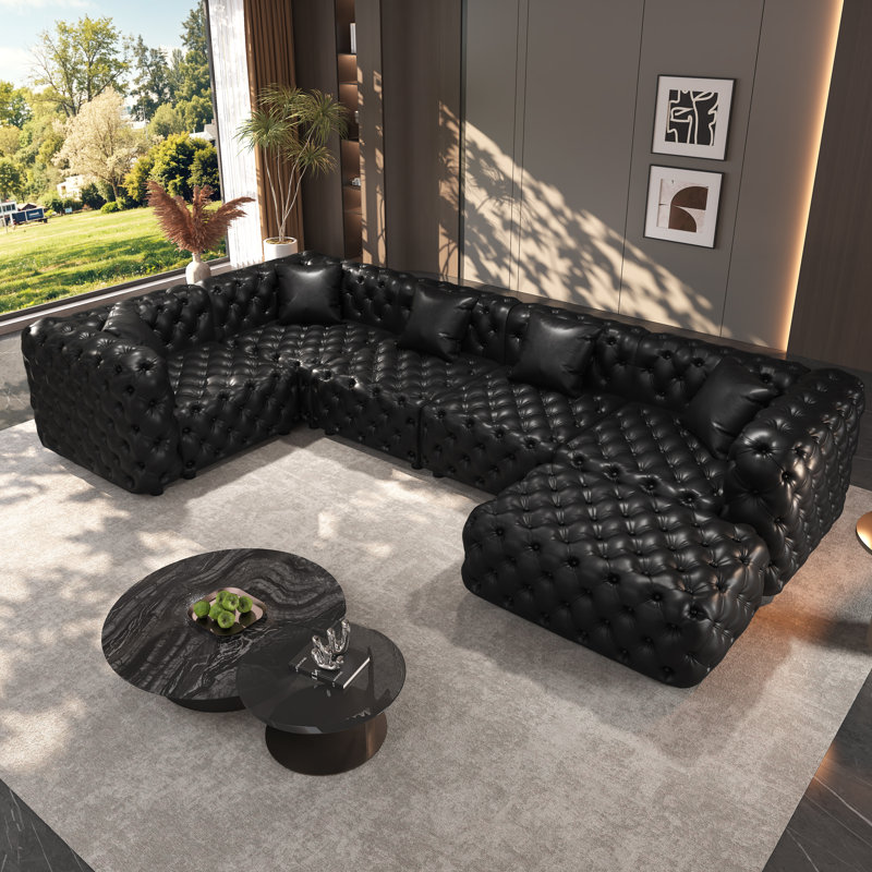 Ensemble de canapé modulaire en similicuir avec repose-pieds 132,5 po Chesterfield, 5-Seater+Ottoman, Black