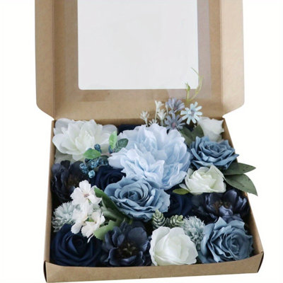 Artificial Flowers Combo Dusty Blue Flowers Mix Silk Flowers Roses With Stems For DIY Wedding Bridal Bouquets, Baby Shower, Floral Arrangement, Table Centerpieces, Home Decorations
