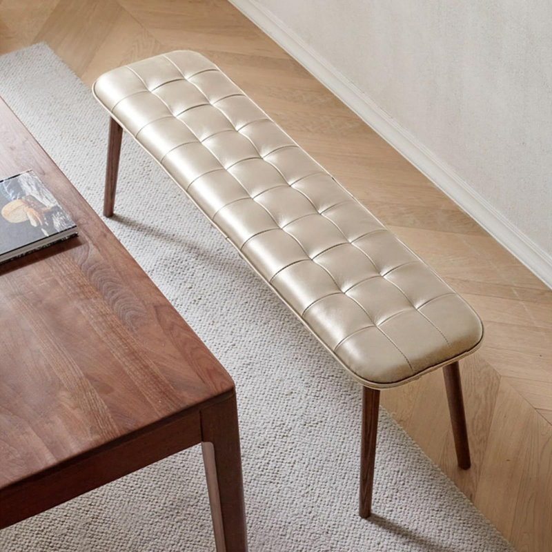 (Khaki)Natural Oak Wood For Dining Bench Table Bench For Living Room With Leather Cushion, Khaki