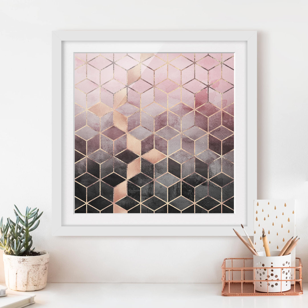 Gerahmtes Poster Pink Grey Golden Geometry