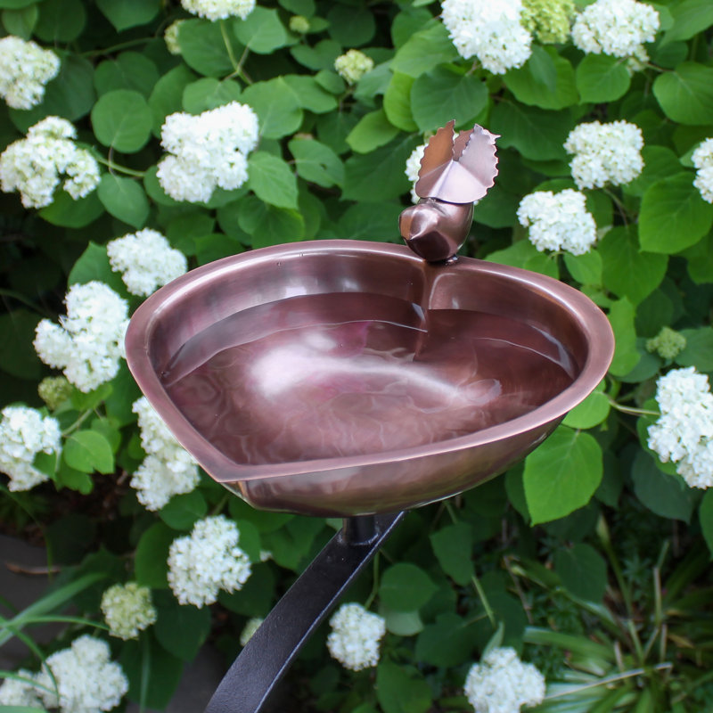 15.7" Copper Heart Shaped Birdbath with Iron Rail Mount